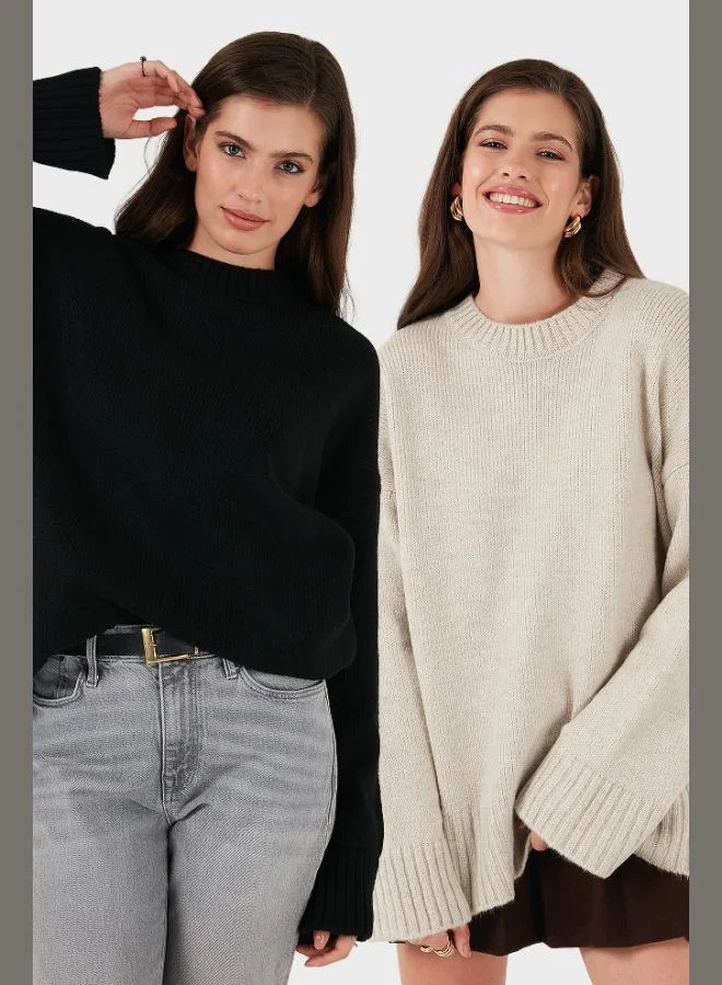 ليلا ليلا سويتر نسائي أساسي بياقة دائرية مقاس عادي عبوة من قطعتين