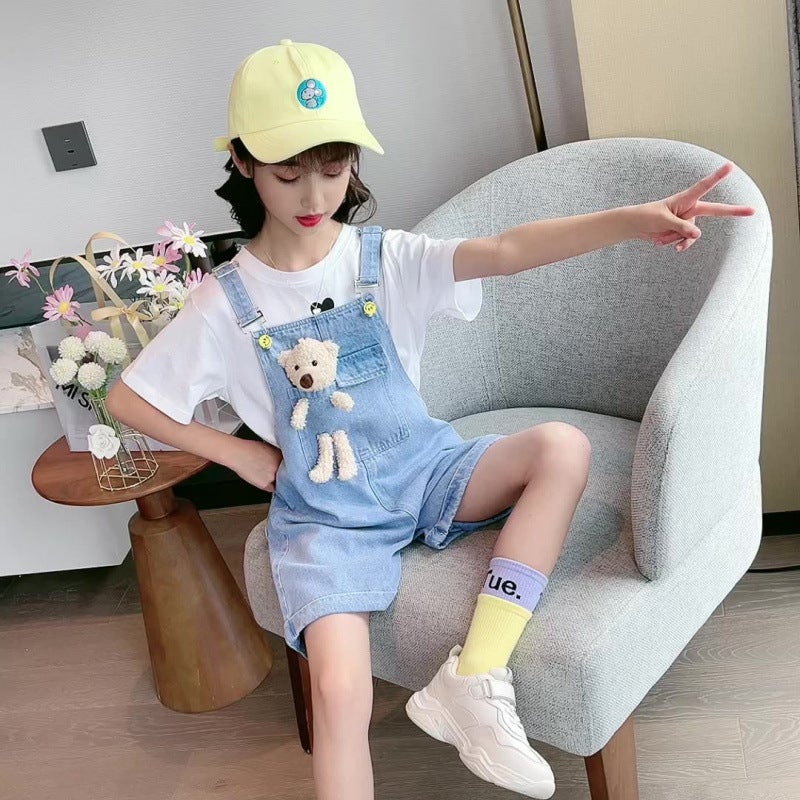 Girls' Suspender Pants Trendy Summer Two-Piece Set New Denim Shorts For Older Children Thin Pants For Outdoor Wear - Image 3