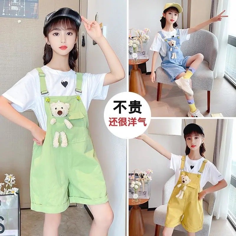 Girls' Suspender Pants Trendy Summer Two-Piece Set New Denim Shorts For Older Children Thin Pants For Outdoor Wear - Image 2