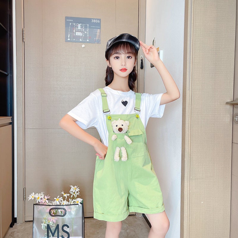 Girls' Suspender Pants Trendy Summer Two-Piece Set New Denim Shorts For Older Children Thin Pants For Outdoor Wear - Image 4