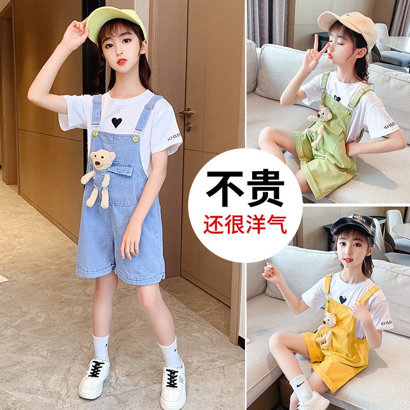 Girls' Suspender Pants Trendy Summer Two-Piece Set New Denim Shorts For Older Children Thin Pants For Outdoor Wear - Image 5