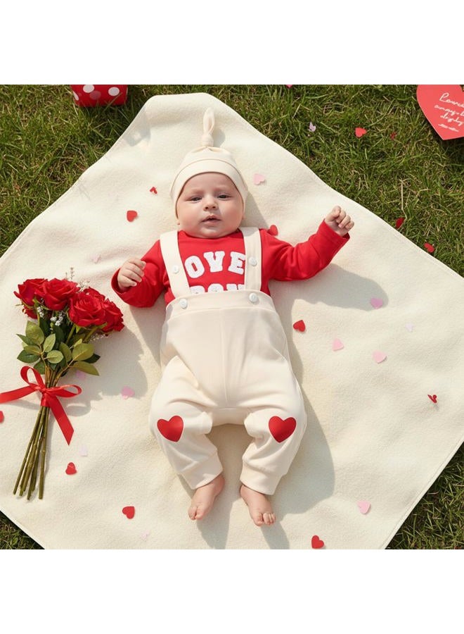 MERSARIPHY My First Valentines Baby Boy Outfit Lover Boy Embroidery Long Sleeve Romper Suspender Pants Newborn Clothes Set, Red, 6-12 Months - Image 2