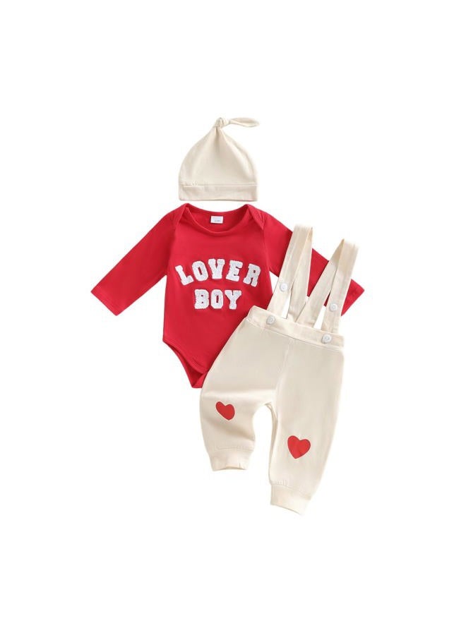 MERSARIPHY My First Valentines Baby Boy Outfit Lover Boy Embroidery Long Sleeve Romper Suspender Pants Newborn Clothes Set, Red, 6-12 Months - Image 1