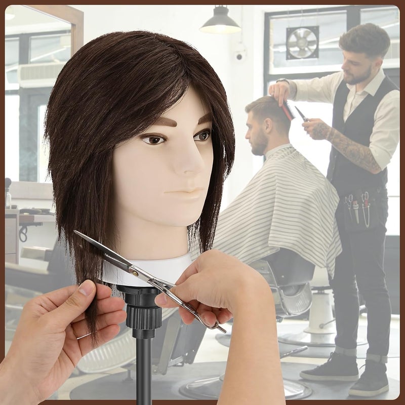 TwoWin Mannequin Head Male With 100% Real Hair, 13 Inch Male Hairdressing Head, Styling Training Heads Man, Hairdresser Manikin Doll Head With Clamp And Diy Braiding Set (Brown) - Image 3