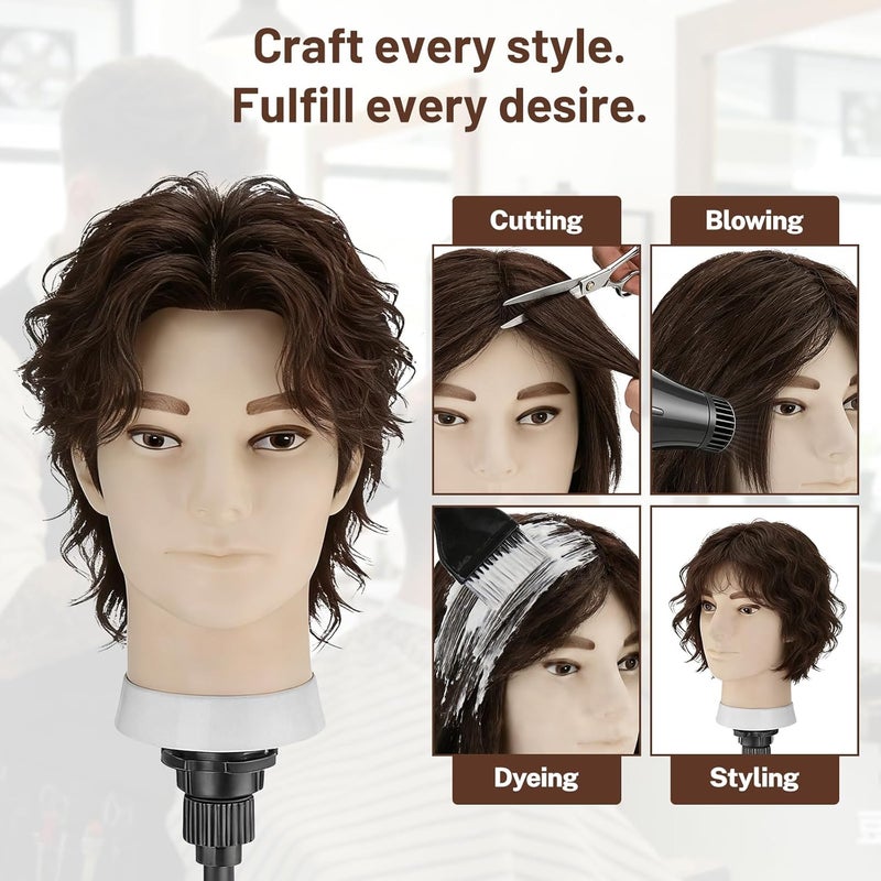 TwoWin Mannequin Head Male With 100% Real Hair, 13 Inch Male Hairdressing Head, Styling Training Heads Man, Hairdresser Manikin Doll Head With Clamp And Diy Braiding Set (Brown) - Image 5