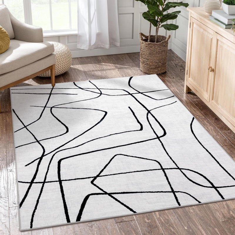 YIHOUSE 5x7 Washable Living Room Rug - Modern Abstract Black and White Area Rug Non-Slip for Bedroom Home Office (Abstract, 5'x7'ft) - Image 1
