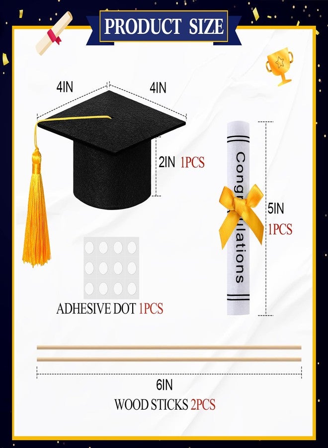 Breling Black and Gold Graduation Cap Cake Topper with Diploma Centerpiece Sticks Mini Felt Grad Hat Cake Toppers with Tassel Class of 2026 Grad Table Decor Party Supplies Decorations - Image 2