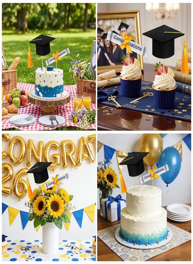 Breling Black and Gold Graduation Cap Cake Topper with Diploma Centerpiece Sticks Mini Felt Grad Hat Cake Toppers with Tassel Class of 2026 Grad Table Decor Party Supplies Decorations - Image 5