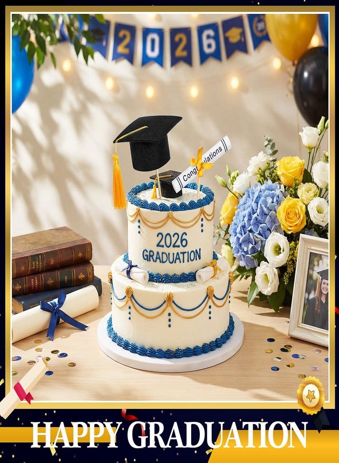 Breling Black and Gold Graduation Cap Cake Topper with Diploma Centerpiece Sticks Mini Felt Grad Hat Cake Toppers with Tassel Class of 2026 Grad Table Decor Party Supplies Decorations - Image 4
