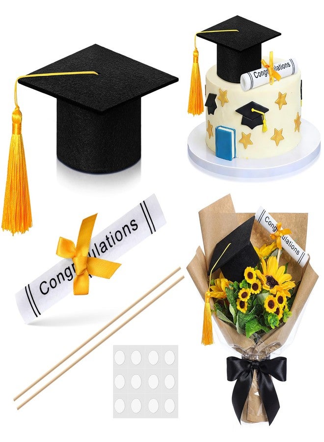 Breling Black and Gold Graduation Cap Cake Topper with Diploma Centerpiece Sticks Mini Felt Grad Hat Cake Toppers with Tassel Class of 2026 Grad Table Decor Party Supplies Decorations - Image 1