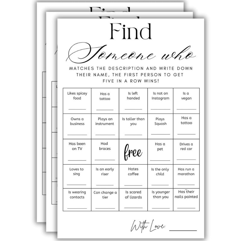The Decor Cycle Pack of 30 Find Someone Who Person Ice Breaker Bingo Game Decoration Items Activity Cards BirthdayAnniversaryPartiesBacheloretteFarewell Party 4x6 Inches
