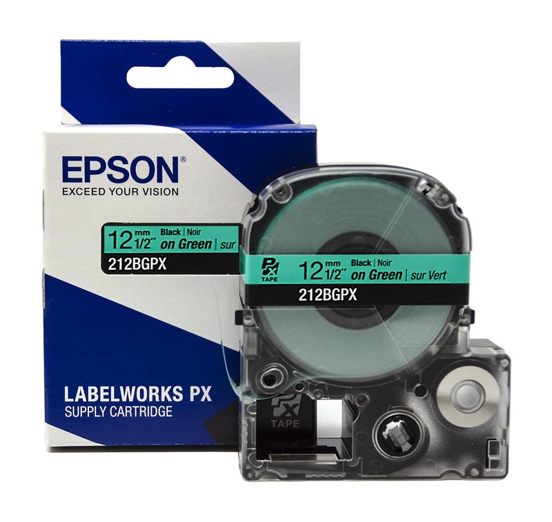 LABELWORKS Epson 212BGPX Genuine PET (Polyester) Tape Cartridge - Black on Green Label Maker Tape - 1/2" (12MM) Wide, 30' - Image 1