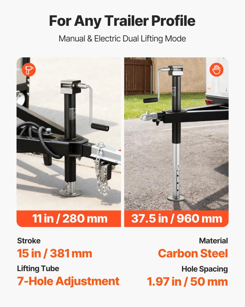 VEVOR 5000 lbs A-Frame Trailer Jack, 15-Inch Vertical Travel, Trailer Lift Jack with Adjustable 7-Level Drop Leg & Drill Socket, Cordless Drill Compatible, Suitable for RV, Utility, Yacht Trailers - Image 3