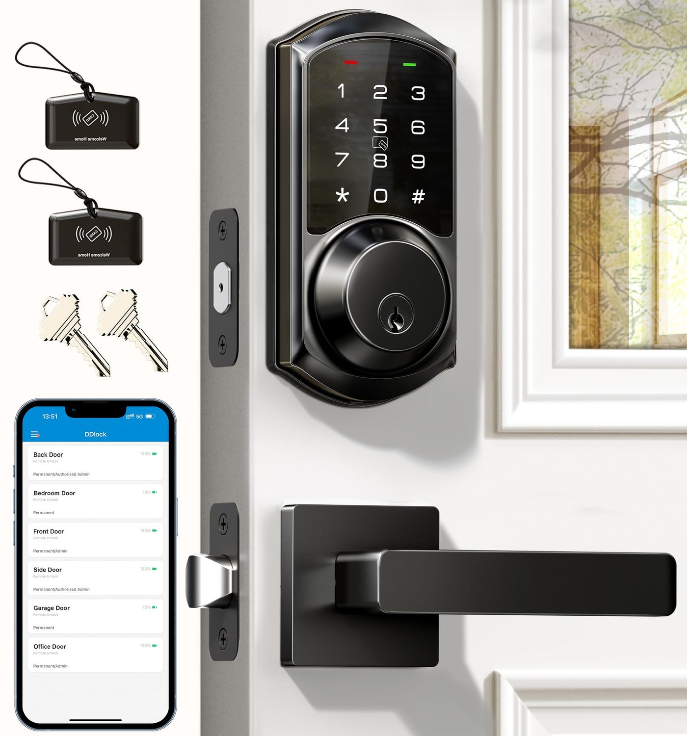 Veise VE06-L Smart Locks with 2 Lever Handle Set, App Control, Keyless Entry Deadbolt for Front Door, Electronic Digital Touchscreen Keypad, Auto Lock, Waterproof, Easy Installation, Matte Black