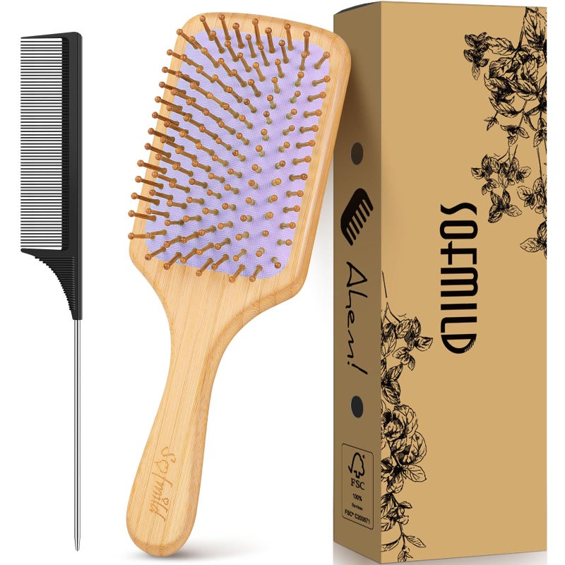 Sofmild Bamboo Wooden Paddle Hair Brush-Bamboo Wood Bristles Detangling Hairbrush for Women Men Massaging Scalp Hair Growth - Image 1