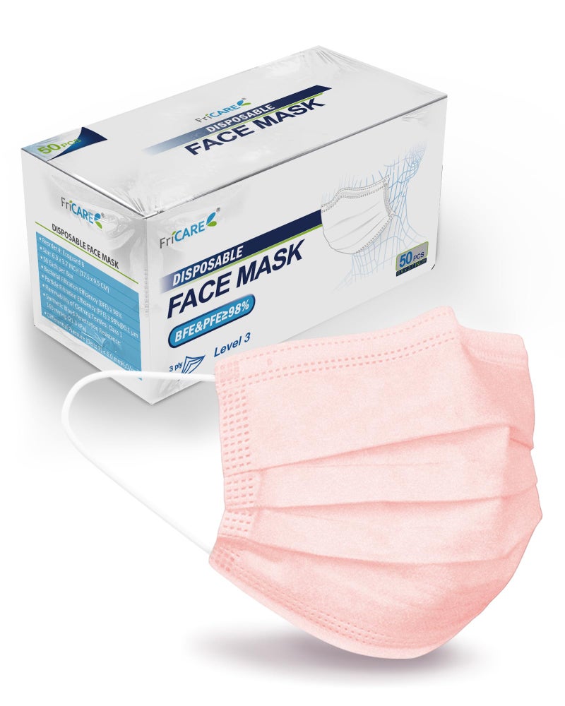 FriCARE Disposable Face Masks, 3-Ply ASTM Level 3 Medical Grade, FSA/HSA Eligible, Breathable & Comfortable for Allergy/Sun Protection, 50 Pack Pink - Image 1