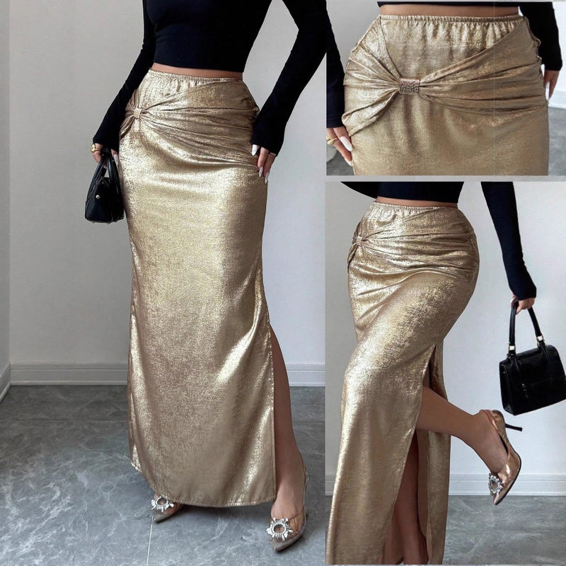 Elegant Metallic Pleated Bodycon Midi Skirt with Side Slit - Image 1