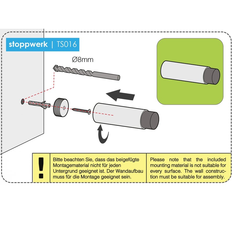 Stoppwerk Wall Door Stop Stainless Steel with Rubber Door Stop for Door Handle Including Mounting Material for Wall Diameter 2.7 cm Length 7.6 cm - Image 2