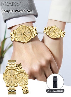 roaiss Stainless Steel Strap Quartz Couple Watch Set, Analog Display Round Dial, Waterproof Luminous Exquisite Wristwatch with Calendar, Suitable for Men Women  - Image 1
