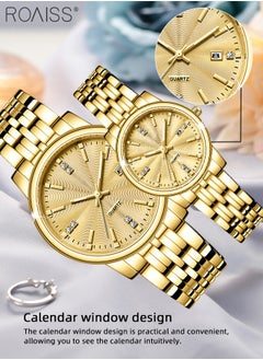 roaiss Stainless Steel Strap Quartz Couple Watch Set, Analog Display Round Dial, Waterproof Luminous Exquisite Wristwatch with Calendar, Suitable for Men Women  - Image 4