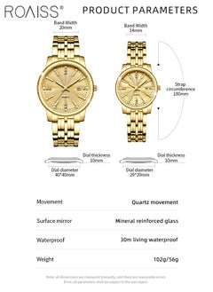 roaiss Stainless Steel Strap Quartz Couple Watch Set, Analog Display Round Dial, Waterproof Luminous Exquisite Wristwatch with Calendar, Suitable for Men Women  - Image 3