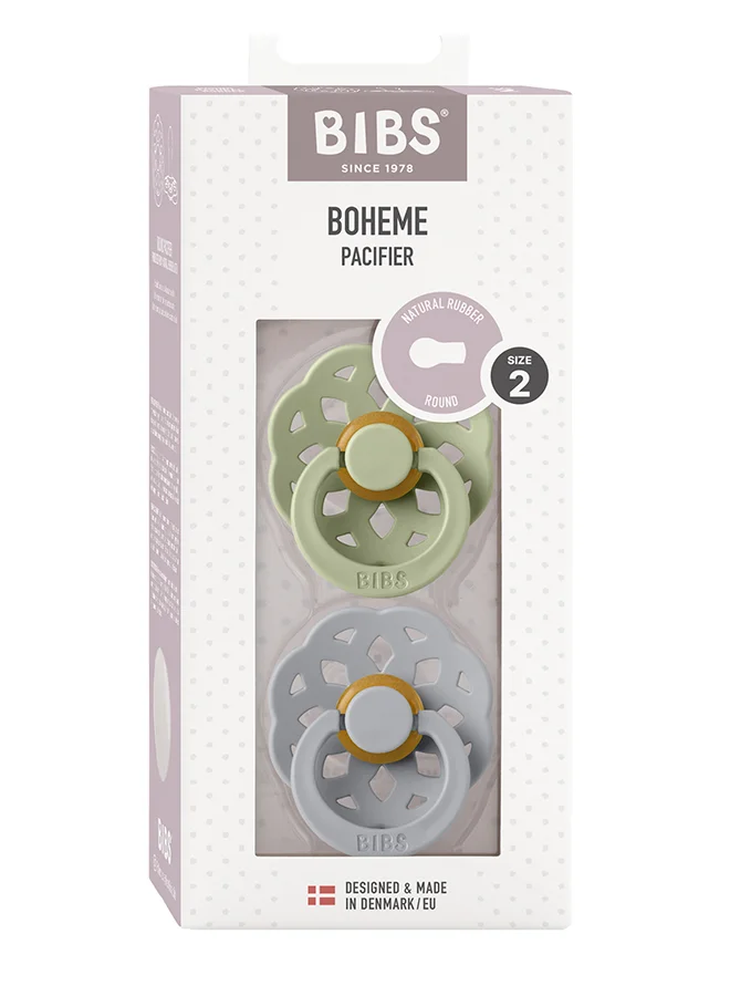 BIBS Baby Pacifier Boheme, Made with Natural Rubber Latex, Round Nipple, Mouth Skin Sensitive, Soft, Flexible, For Babies 6 Months and Above, BPA-free, Sage/ Cloud Colour, Pack of 2, Size 2