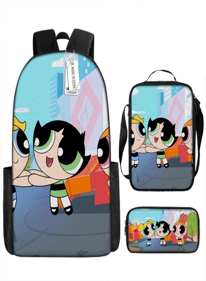 the powerpuff girls Children Backpack Schoolbag Teen Student School Book bag with Lunch Box Pen Case 3 in 1 for Kids