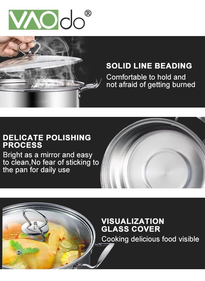 VAOdo - 10 PCS Stainless Steel Cooking Pot Set  with Tempered Glass Lid and Double Handles Compatible with Induction Electric Gas Cooktops Cookware Set - Image 1