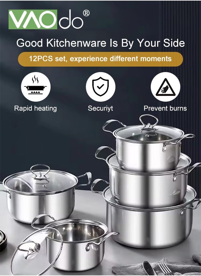VAOdo 10 PCS Stainless Steel Cooking Pot Set  with Tempered Glass Lid and Double Handles Compatible with Induction Electric Gas Cooktops Cookware Set  - Image 5