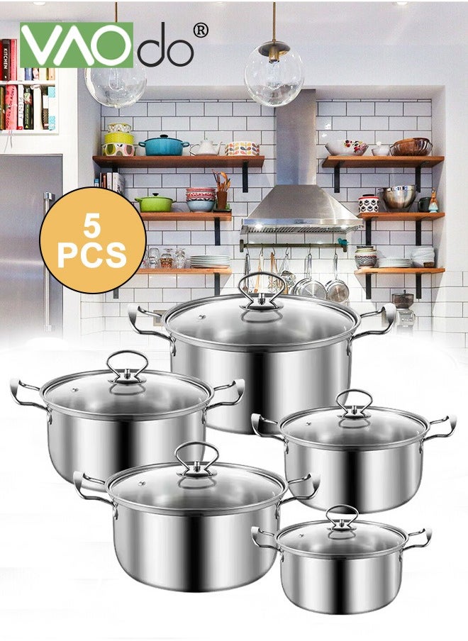 VAOdo 10 PCS Stainless Steel Cooking Pot Set  with Tempered Glass Lid and Double Handles Compatible with Induction Electric Gas Cooktops Cookware Set  - Image 2