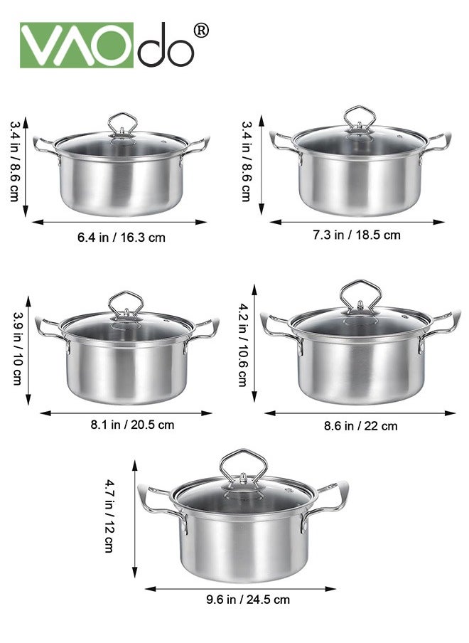 VAOdo - 10 PCS Stainless Steel Cooking Pot Set  with Tempered Glass Lid and Double Handles Compatible with Induction Electric Gas Cooktops Cookware Set - Image 1