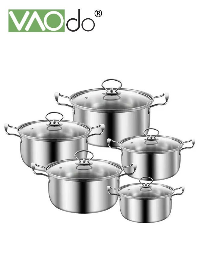 VAOdo 10 PCS Stainless Steel Cooking Pot Set  with Tempered Glass Lid and Double Handles Compatible with Induction Electric Gas Cooktops Cookware Set  - Image 1