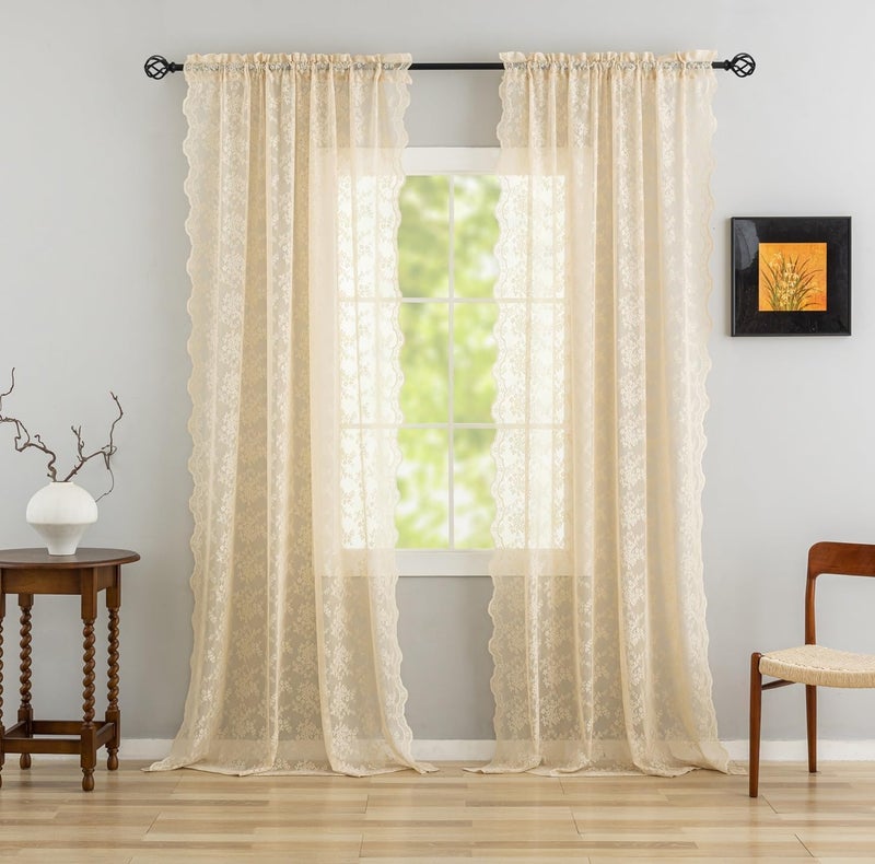 YJ YANJUN Beige 80 Inch Long Curtains For Closet Without Door Vintage Lace Sheer Curtains For Living Room Hallway Light Filtering Retro Floral Pattern Closet Door Covering Ideas Pair W52 X L80 Light Beige - Image 2