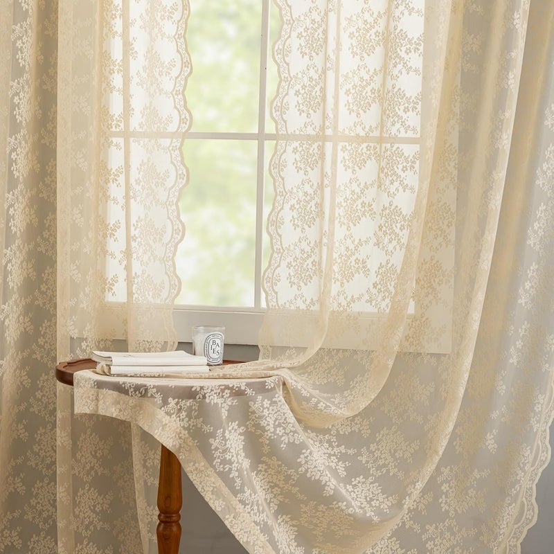 YJ YANJUN Beige 80 Inch Long Curtains For Closet Without Door Vintage Lace Sheer Curtains For Living Room Hallway Light Filtering Retro Floral Pattern Closet Door Covering Ideas Pair W52 X L80 Light Beige - Image 5