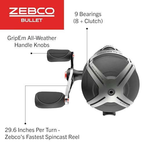 Zebco Bullet Spincast Fishing Reel, Size 30 Reel, Fast 29.6 Inches Per Turn, GripEm All-Weather Handle Knobs, Pre-Spooled with 10-Pound Zebco Fishing Line, Black - Image 3