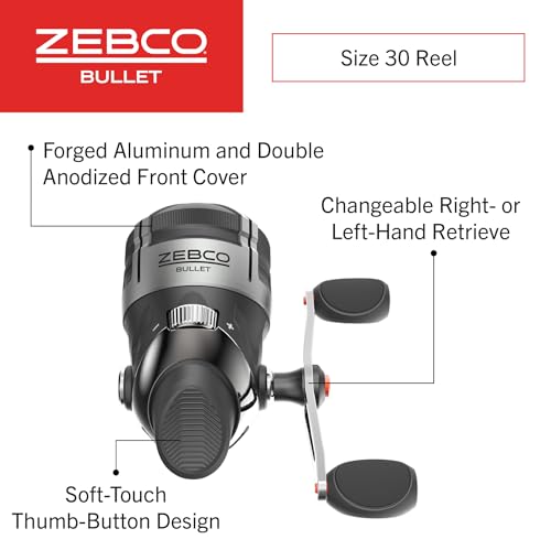 Zebco Bullet Spincast Fishing Reel, Size 30 Reel, Fast 29.6 Inches Per Turn, GripEm All-Weather Handle Knobs, Pre-Spooled with 10-Pound Zebco Fishing Line, Black - Image 2