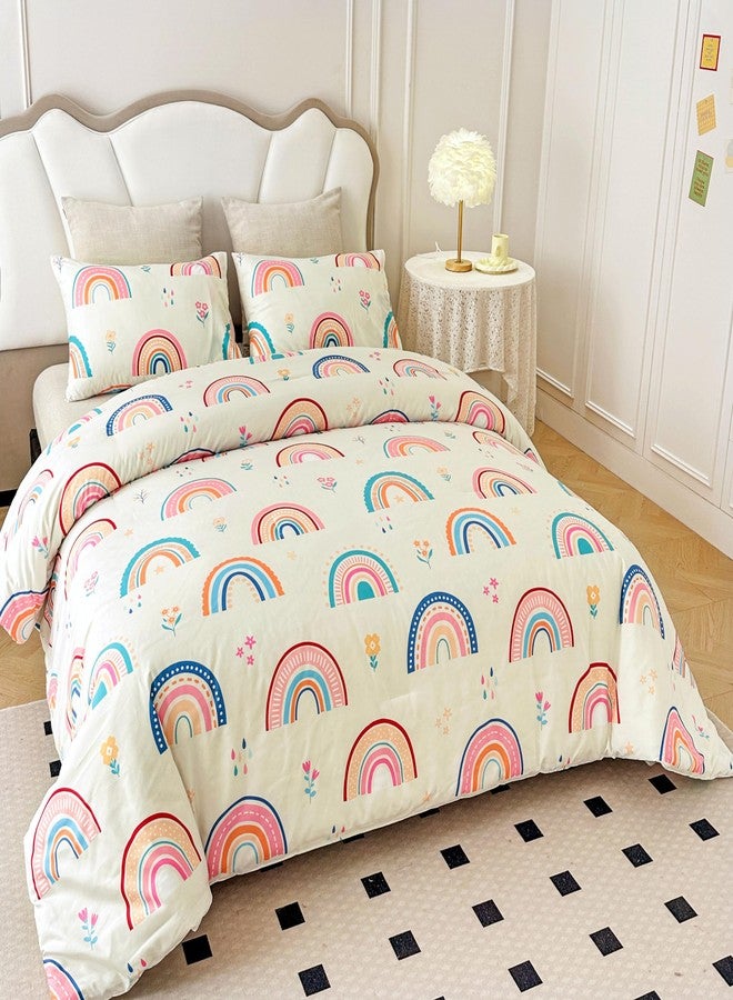Btargot Lightweight Soft 3 Piece Rainbow Comforter Set with 2 Pillow Covers, Cartoon Love Hearts Flowers and Grass Bedding Set for Girls Kids, Twin Multi-Color - Image 3