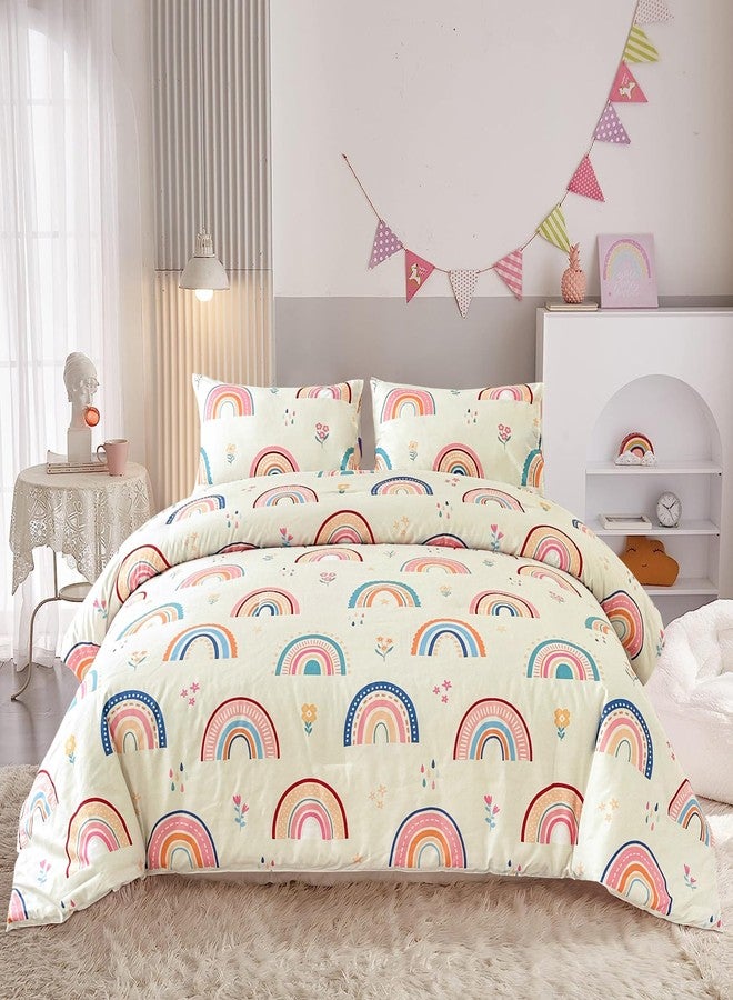 Btargot Lightweight Soft 3 Piece Rainbow Comforter Set with 2 Pillow Covers, Cartoon Love Hearts Flowers and Grass Bedding Set for Girls Kids, Twin Multi-Color - Image 1