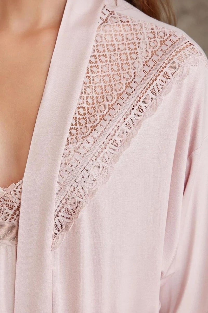 pierre cardin 2820 Women's Combed Cotton Lace Pajama Set with Dressing Gown - Powder  - Image 5