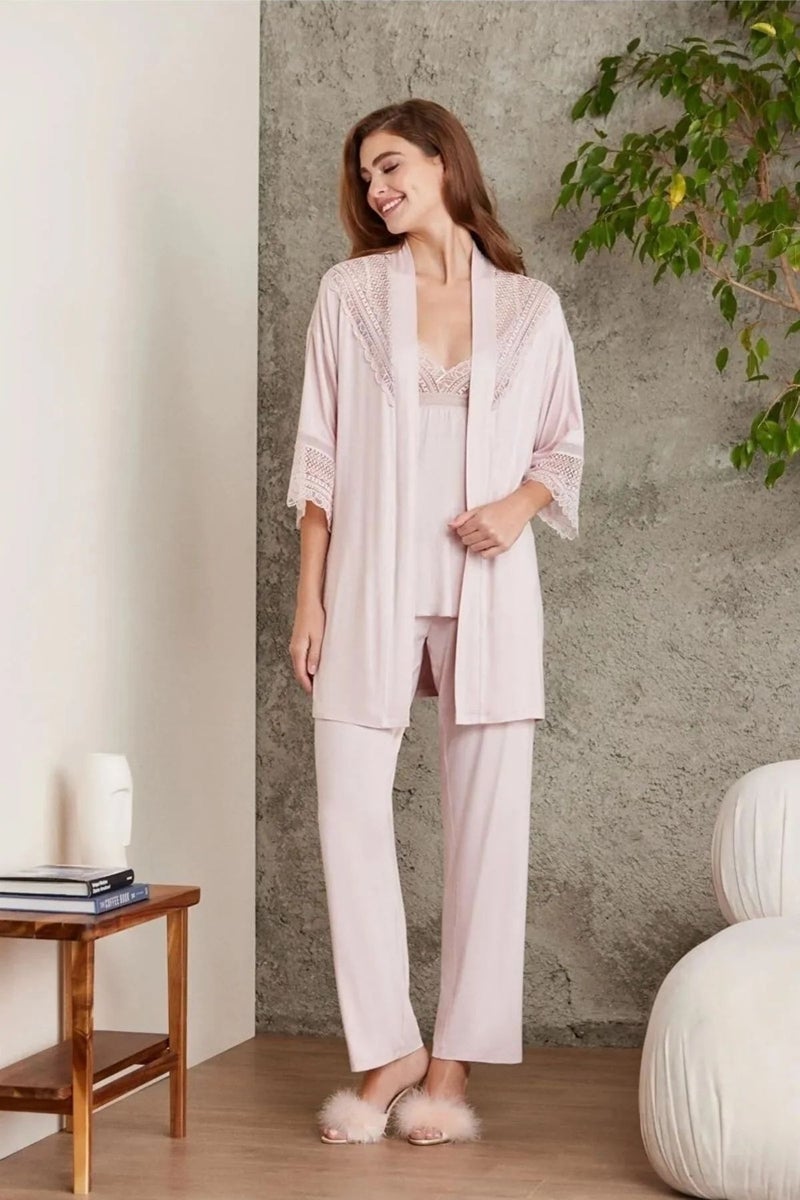 pierre cardin 2820 Women's Combed Cotton Lace Pajama Set with Dressing Gown - Powder  - Image 2