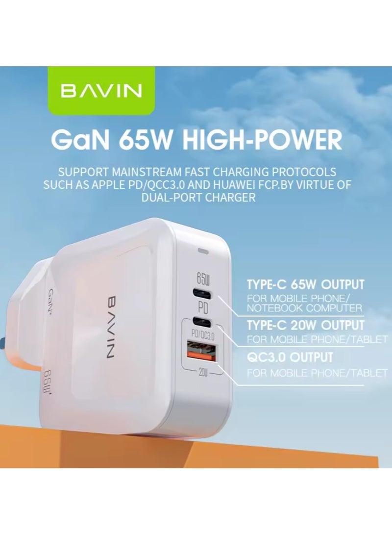 BAVIN custom PD 20w qc3.0 usb type c port uk plug fast charging mobile phone 65w charger gan PC822E - Image 1
