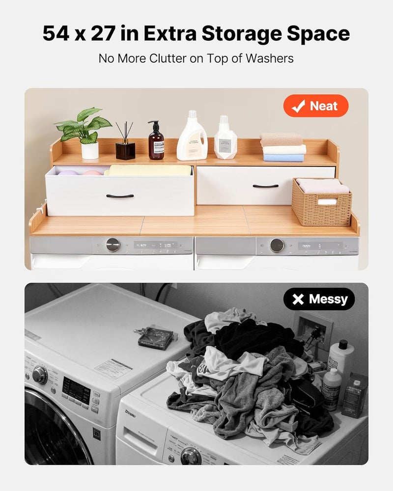 VEVOR 2 Drawers Washer Dryer Countertop with Shelf, 54" x 27" Wooden Laundry Countertop with 2 Hooks & Splicing Panels, Washer and Dryer Topper, Laundry Room Organization and Storage, Natural - Image 3