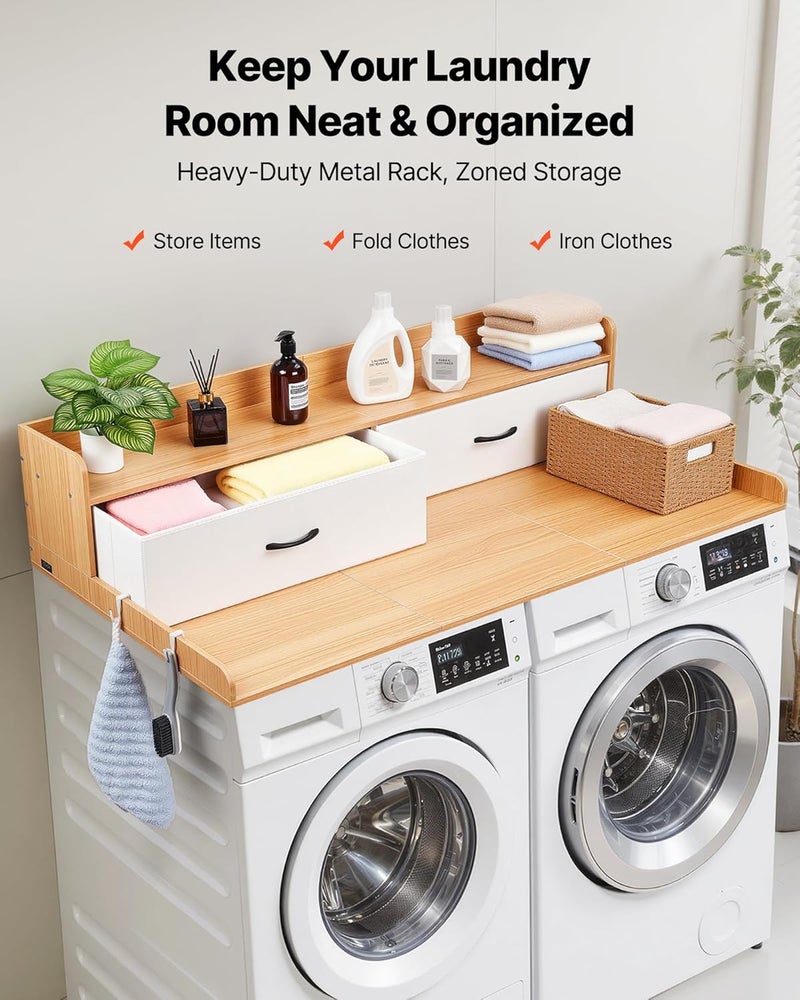 VEVOR 2 Drawers Washer Dryer Countertop with Shelf, 54" x 27" Wooden Laundry Countertop with 2 Hooks & Splicing Panels, Washer and Dryer Topper, Laundry Room Organization and Storage, Natural - Image 2