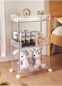 XiuWoo 3 Tier Clear Metal Storage Cart, Slim Rolling Storage Cart, Mobile Organizer Shelf Cart, Slim Storage Shelf, Mobile Narrow Rolling Cart, Home Storage Rack for Home Office with Removable Wheels, Hooks  - Image 1