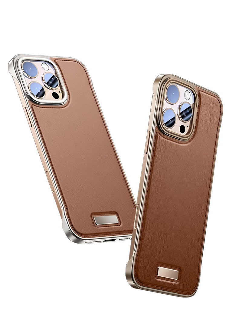 Wtech Apple iPhone 16 Pro 5G 2024 Luxury Leather Thin Metal Phone Case, Anti-Fallen Cover Without Frame Light Phone Shield Case Cover - Light Brown - Image 1