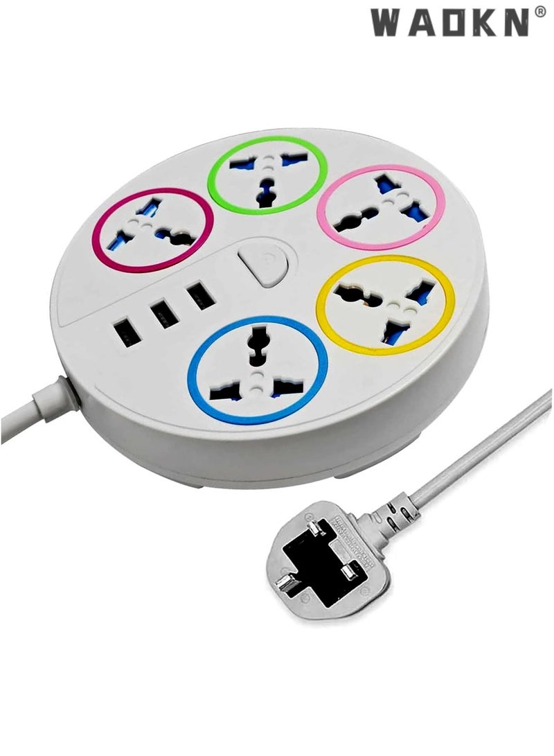 WAOKN Round Universal Power Extension Cord with 5 Power Plugs and 3 USB Outlets, 5 Way Power Strip with USB Slots, Extension Lead 3 meter - Ports Desktop Charging Station with Master Switches White
 (5 Socket + 3 USB) - Image 1