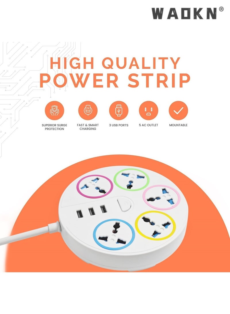 WAOKN Round Universal Power Extension Cord with 5 Power Plugs and 3 USB Outlets, 5 Way Power Strip with USB Slots, Extension Lead 3 meter - Ports Desktop Charging Station with Master Switches White
 (5 Socket + 3 USB) - Image 3