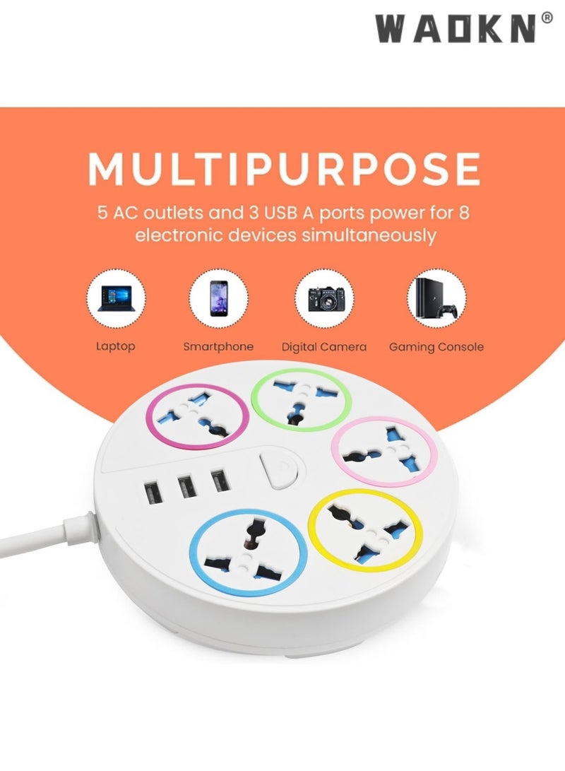 WAOKN Round Universal Power Extension Cord with 5 Power Plugs and 3 USB Outlets, 5 Way Power Strip with USB Slots, Extension Lead 3 meter - Ports Desktop Charging Station with Master Switches White
 (5 Socket + 3 USB) - Image 5
