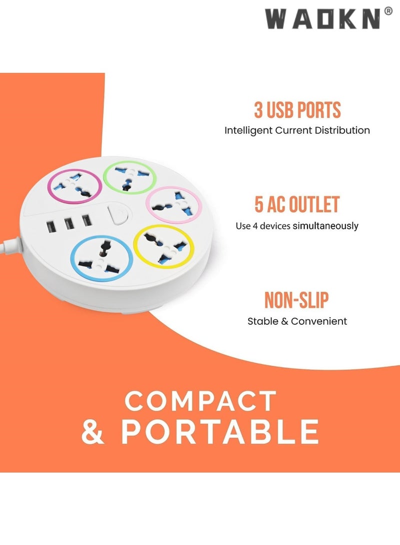 WAOKN Round Universal Power Extension Cord with 5 Power Plugs and 3 USB Outlets, 5 Way Power Strip with USB Slots, Extension Lead 3 meter - Ports Desktop Charging Station with Master Switches White
 (5 Socket + 3 USB) - Image 4