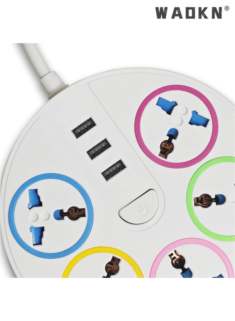 WAOKN Round Universal Power Extension Cord with 5 Power Plugs and 3 USB Outlets, 5 Way Power Strip with USB Slots, Extension Lead 3 meter - Ports Desktop Charging Station with Master Switches White
 (5 Socket + 3 USB) - Image 2